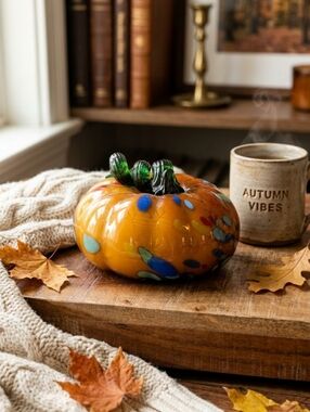 OOAK Handmade Blown Glass Pumpkin – Amber with Blue Confetti - 5.5”